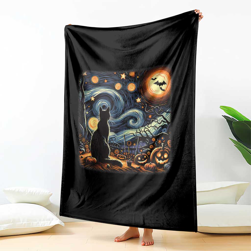Black Cat Halloween Throw Blanket Starry Night Lover Van Gogh Inspo TS02 Print Your Wear