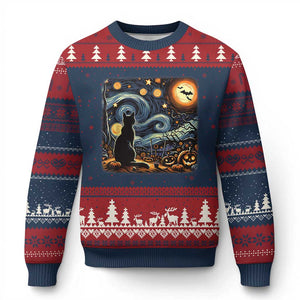 Black Cat Halloween Ugly Christmas Sweater Starry Night Lover Van Gogh Inspo TS02 Navy Red Print Your Wear
