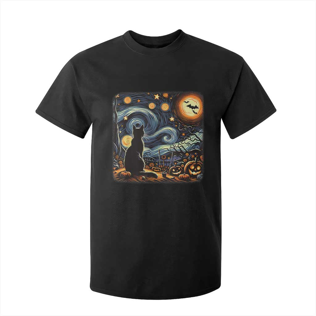 Black Cat Halloween T Shirt For Kid Starry Night Lover Van Gogh Inspo TS02 Black Print Your Wear