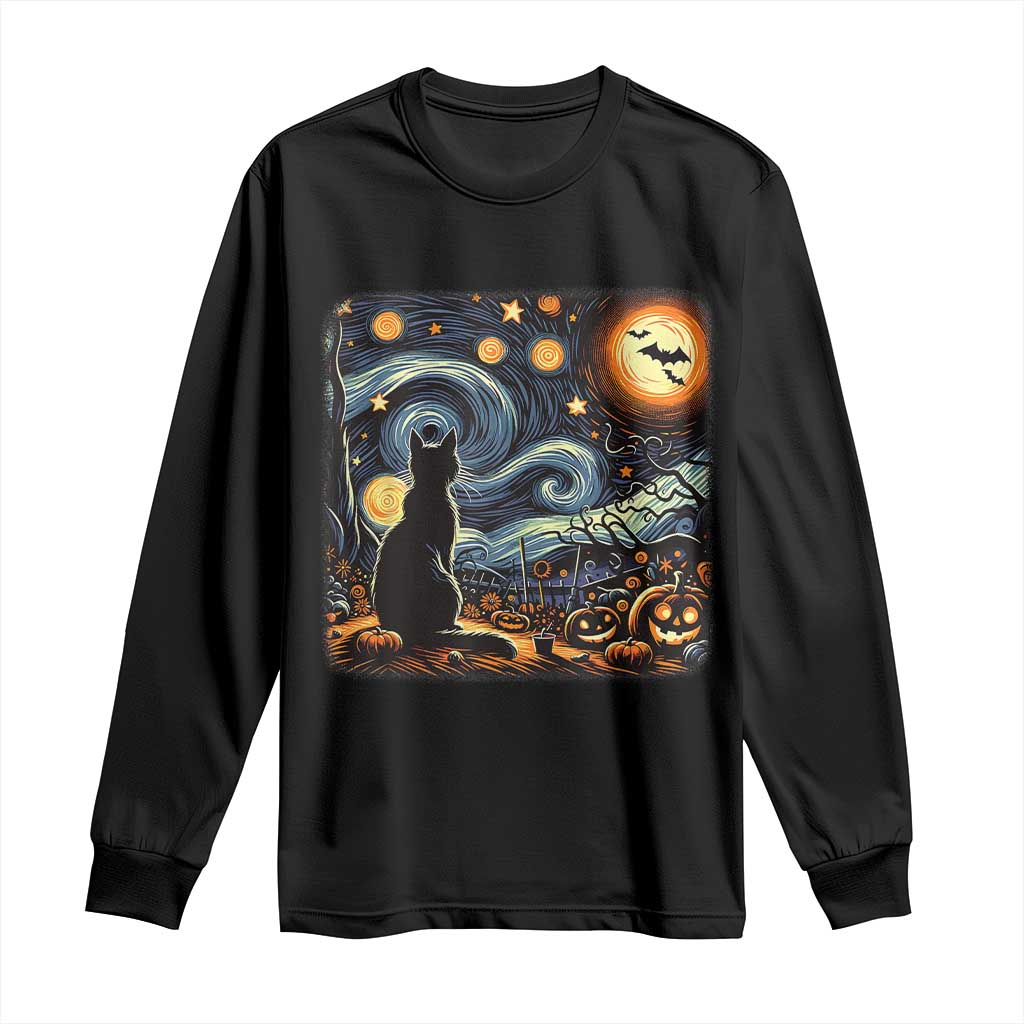 Black Cat Halloween Long Sleeve Shirt Starry Night Lover Van Gogh Inspo TS02 Black Print Your Wear