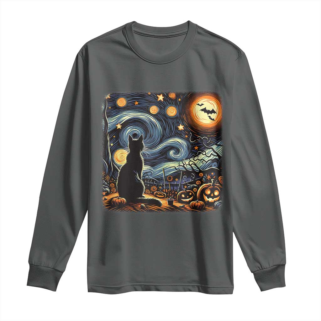 Black Cat Halloween Long Sleeve Shirt Starry Night Lover Van Gogh Inspo TS02 Dark Heather Print Your Wear