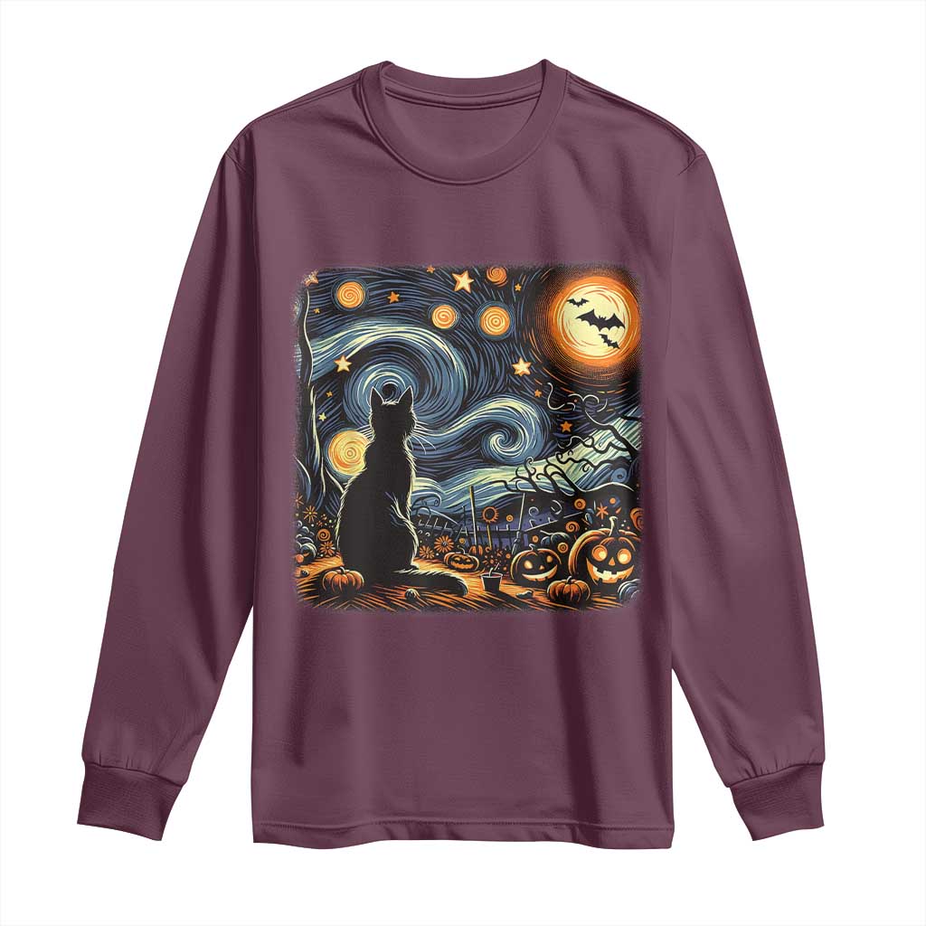 Black Cat Halloween Long Sleeve Shirt Starry Night Lover Van Gogh Inspo TS02 Maroon Print Your Wear