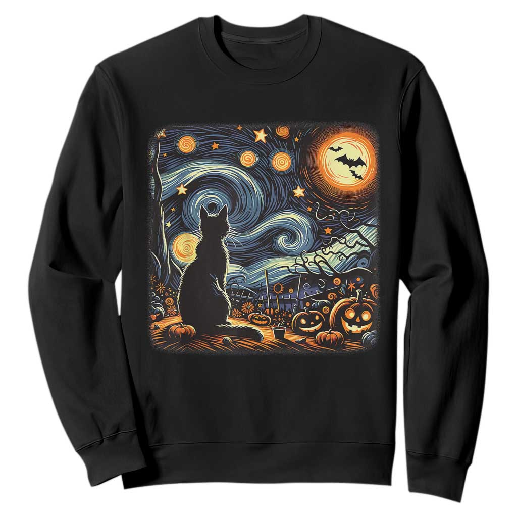 Black Cat Halloween Sweatshirt Starry Night Lover Van Gogh Inspo TS02 Black Print Your Wear