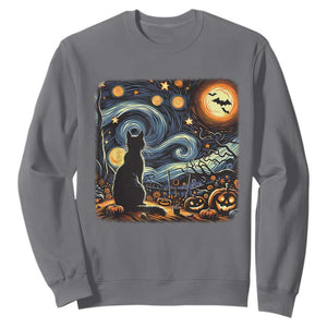 Black Cat Halloween Sweatshirt Starry Night Lover Van Gogh Inspo TS02 Charcoal Print Your Wear