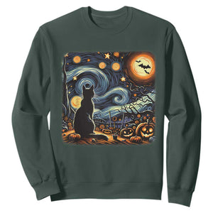 Black Cat Halloween Sweatshirt Starry Night Lover Van Gogh Inspo TS02 Dark Forest Green Print Your Wear