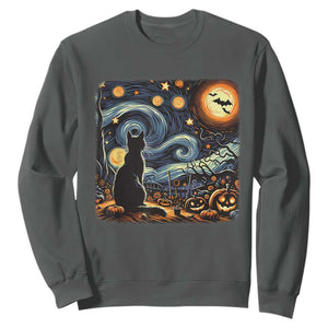 Black Cat Halloween Sweatshirt Starry Night Lover Van Gogh Inspo TS02 Dark Heather Print Your Wear