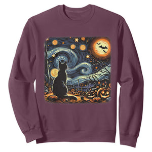 Black Cat Halloween Sweatshirt Starry Night Lover Van Gogh Inspo TS02 Maroon Print Your Wear