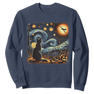 Black Cat Halloween Sweatshirt Starry Night Lover Van Gogh Inspo TS02 Navy Print Your Wear