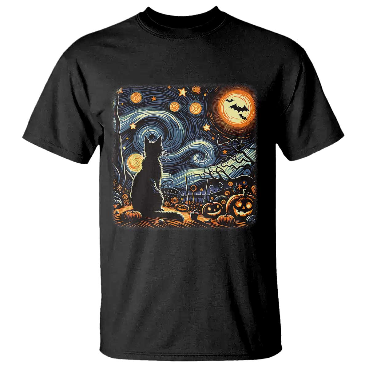 Black Cat Halloween T Shirt Starry Night Lover Van Gogh Inspo TS02 Black Print Your Wear