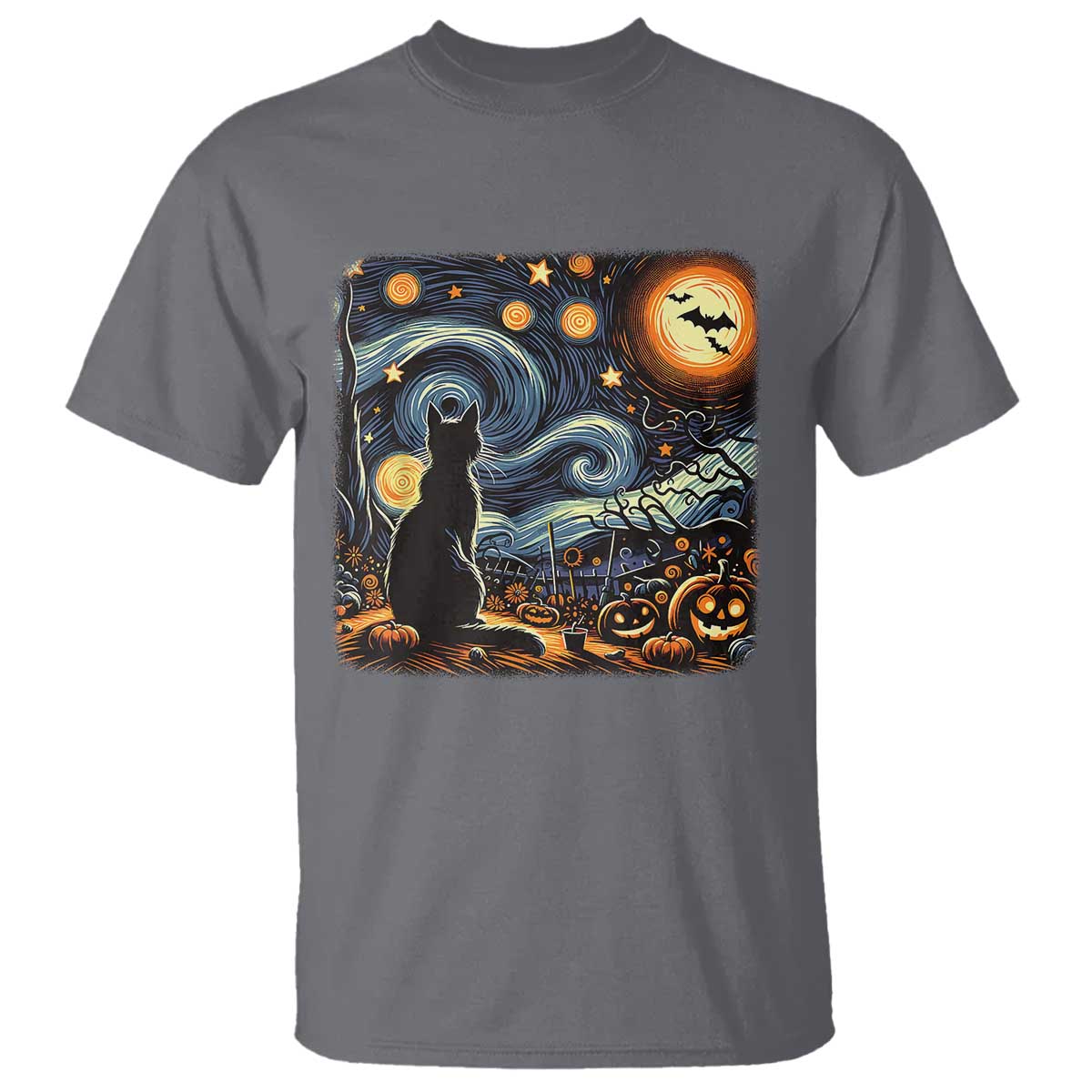 Black Cat Halloween T Shirt Starry Night Lover Van Gogh Inspo TS02 Charcoal Print Your Wear