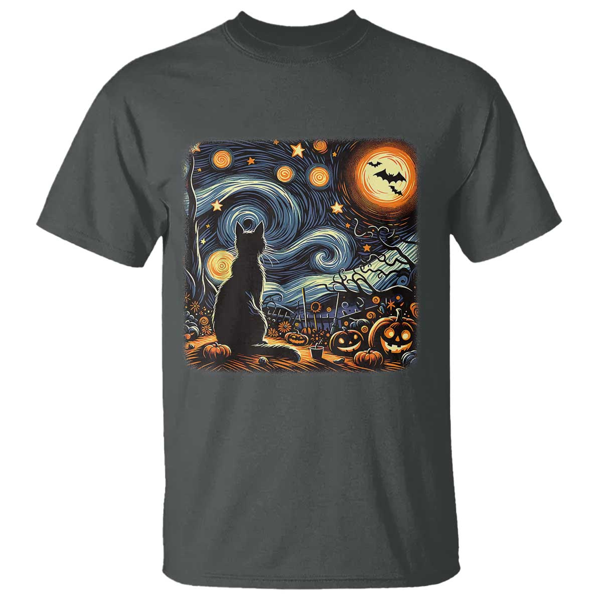 Black Cat Halloween T Shirt Starry Night Lover Van Gogh Inspo TS02 Dark Heather Print Your Wear