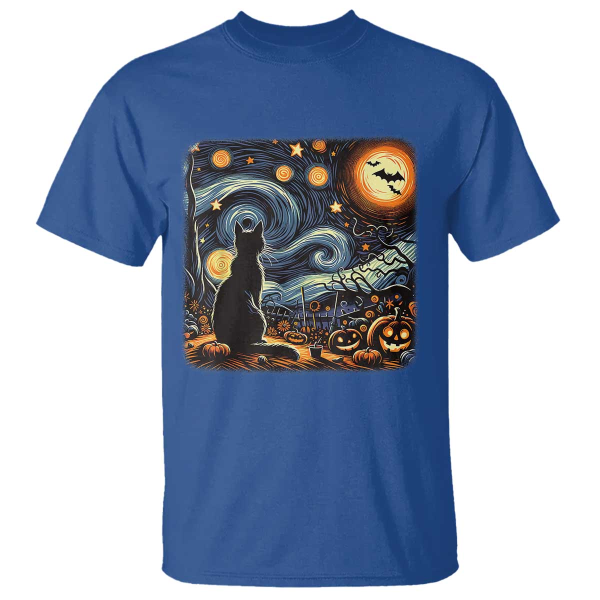 Black Cat Halloween T Shirt Starry Night Lover Van Gogh Inspo TS02 Royal Blue Print Your Wear