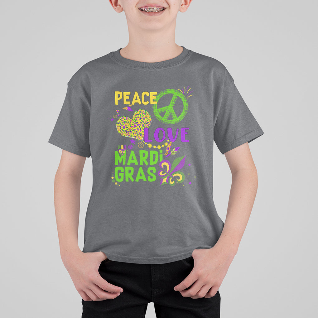 Peace Love Mardi Gras T Shirt For Kid Parade Costume Carnival TS02 Charcoal Printyourwear