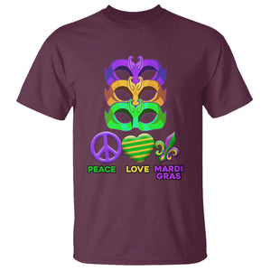 Peace Love Mardi Gras T Shirt Parade Costume Carnival Masks TS02 Maroon Printyourwear