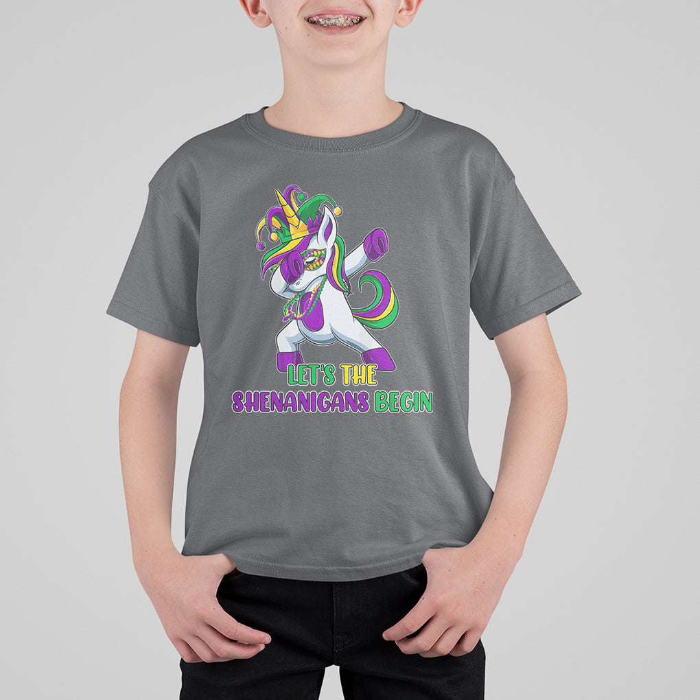 Mardi Gras T Shirt For Kid Let The Shenanigans Begin Dabbing Unicorn Costume TS02 Charcoal Printyourwear