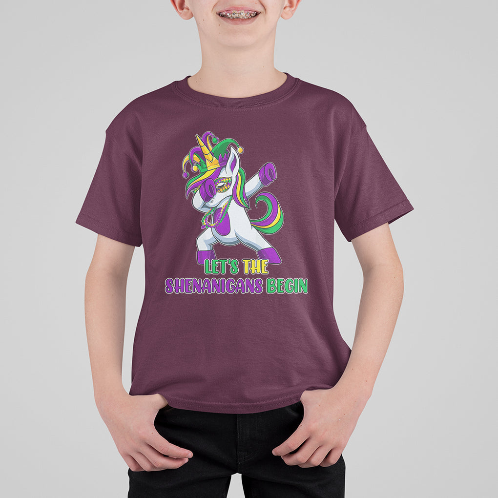 Mardi Gras T Shirt For Kid Let The Shenanigans Begin Dabbing Unicorn Costume TS02 Maroon Printyourwear