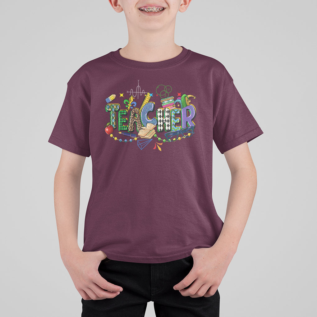 Mardi Gras Teacher T Shirt For Kid Carnival Costume Mask Beads TS02 Maroon Printyourwear