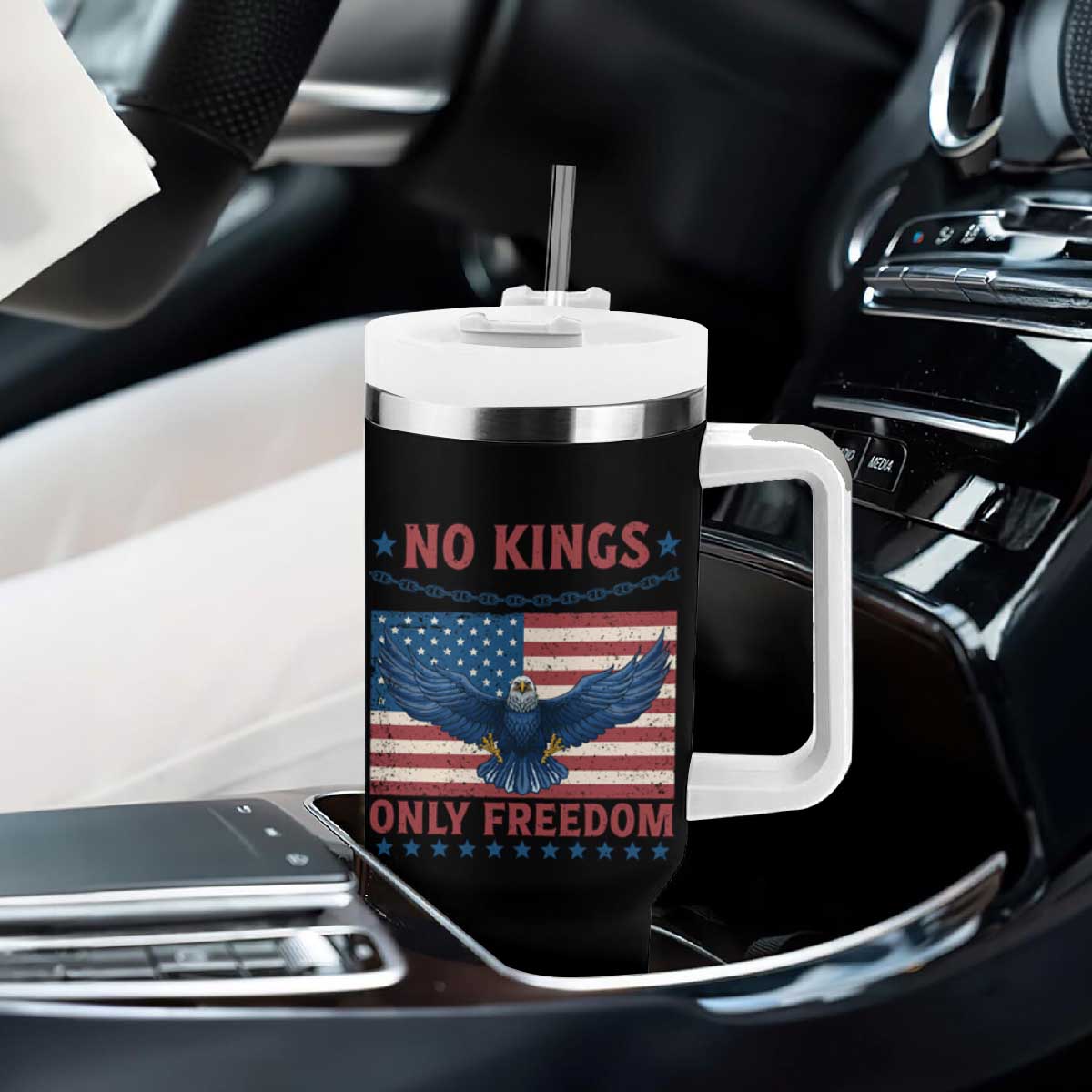 No Kings Only Freedom Tumbler With Handle American Flag Bald Eagle Retro Vintage TS02 Print Your Wear
