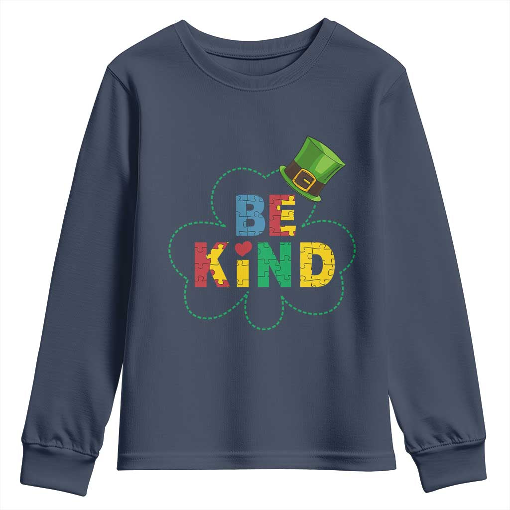 Lucky Shamrock Be Kind Youth Sweatshirt Autism Leprechaun St Patricks Day TS02 Navy Print Your Wear