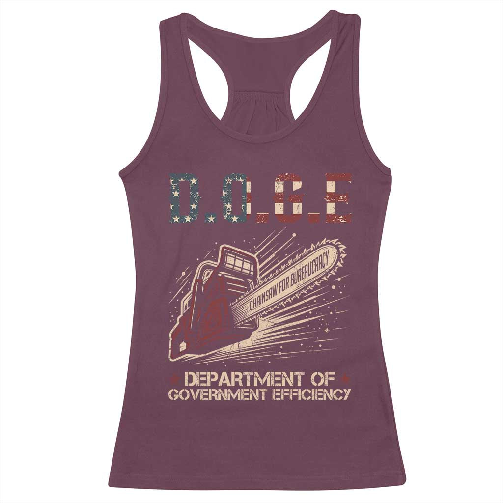 Chainsaw For Bureaucracy Racerback Tank Top Funny DOGE USA Flag TS02 Maroon Print Your Wear
