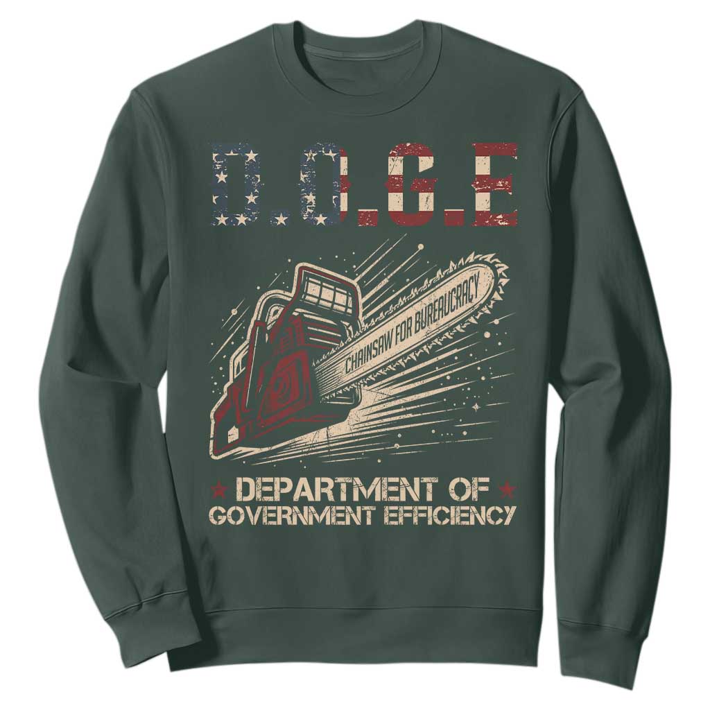 Chainsaw For Bureaucracy Sweatshirt Funny DOGE USA Flag TS02 Dark Forest Green Print Your Wear