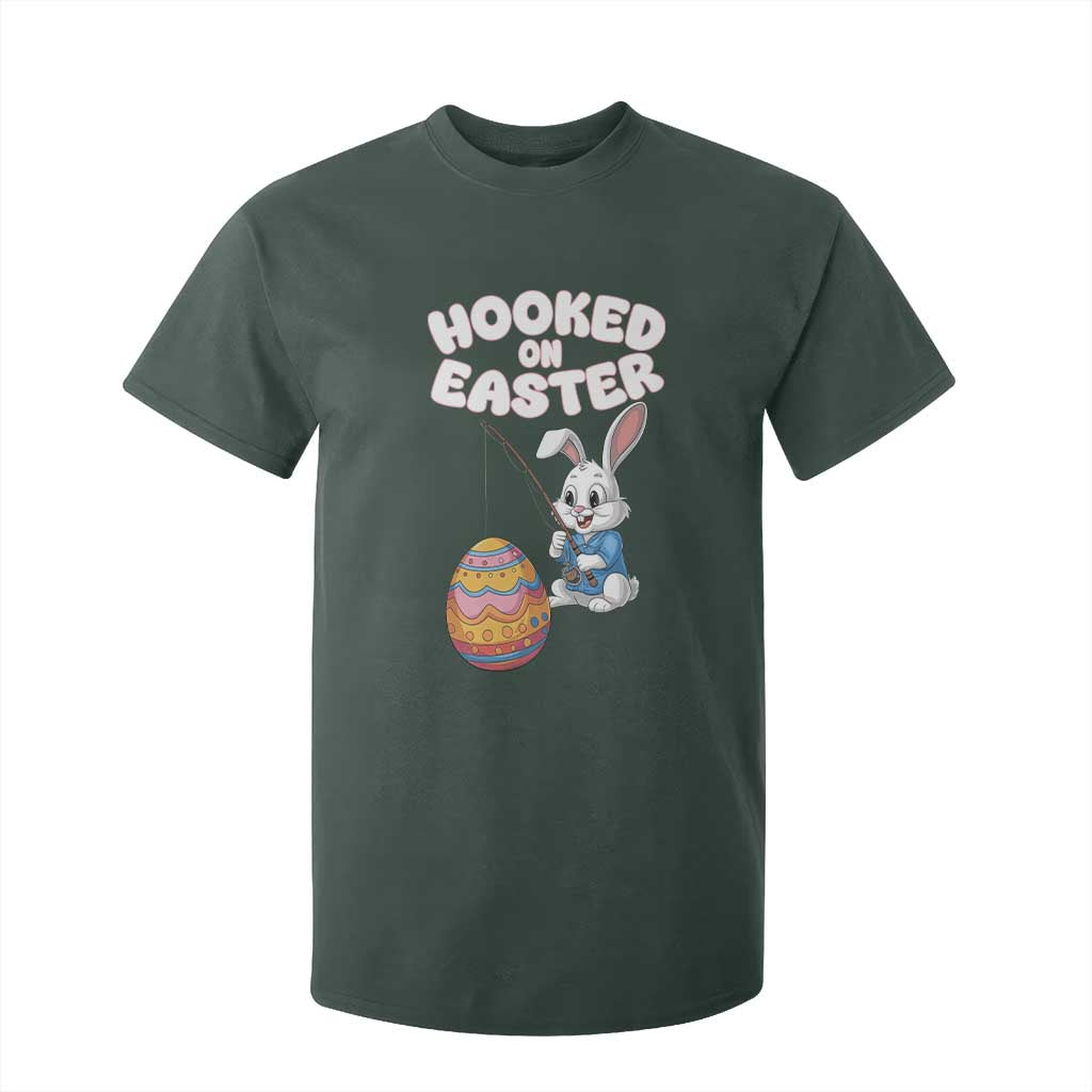 Cute Bunny Fishing T Shirt For Kid Hooked for Easter Eggs Funny Holiday TS02 Dark Forest Green Print Your Wear
