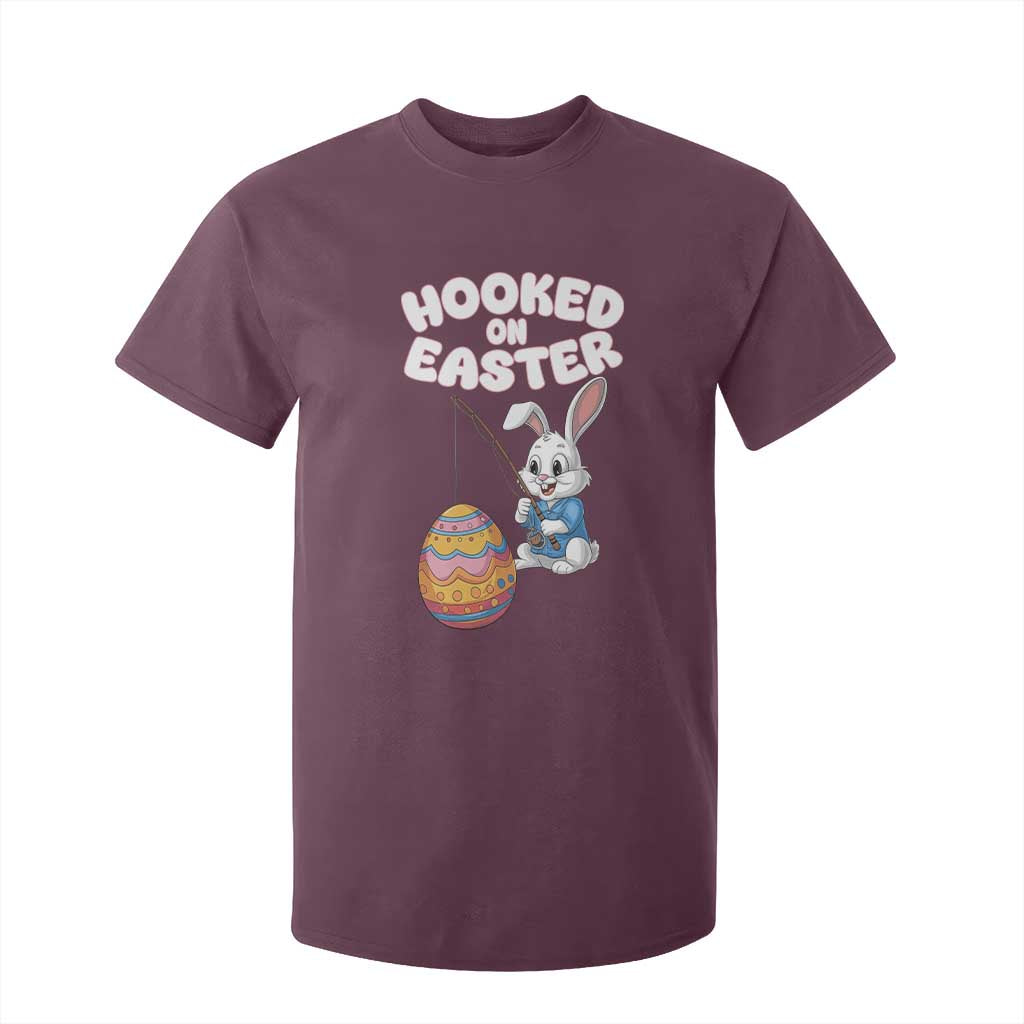 Cute Bunny Fishing T Shirt For Kid Hooked for Easter Eggs Funny Holiday TS02 Maroon Print Your Wear