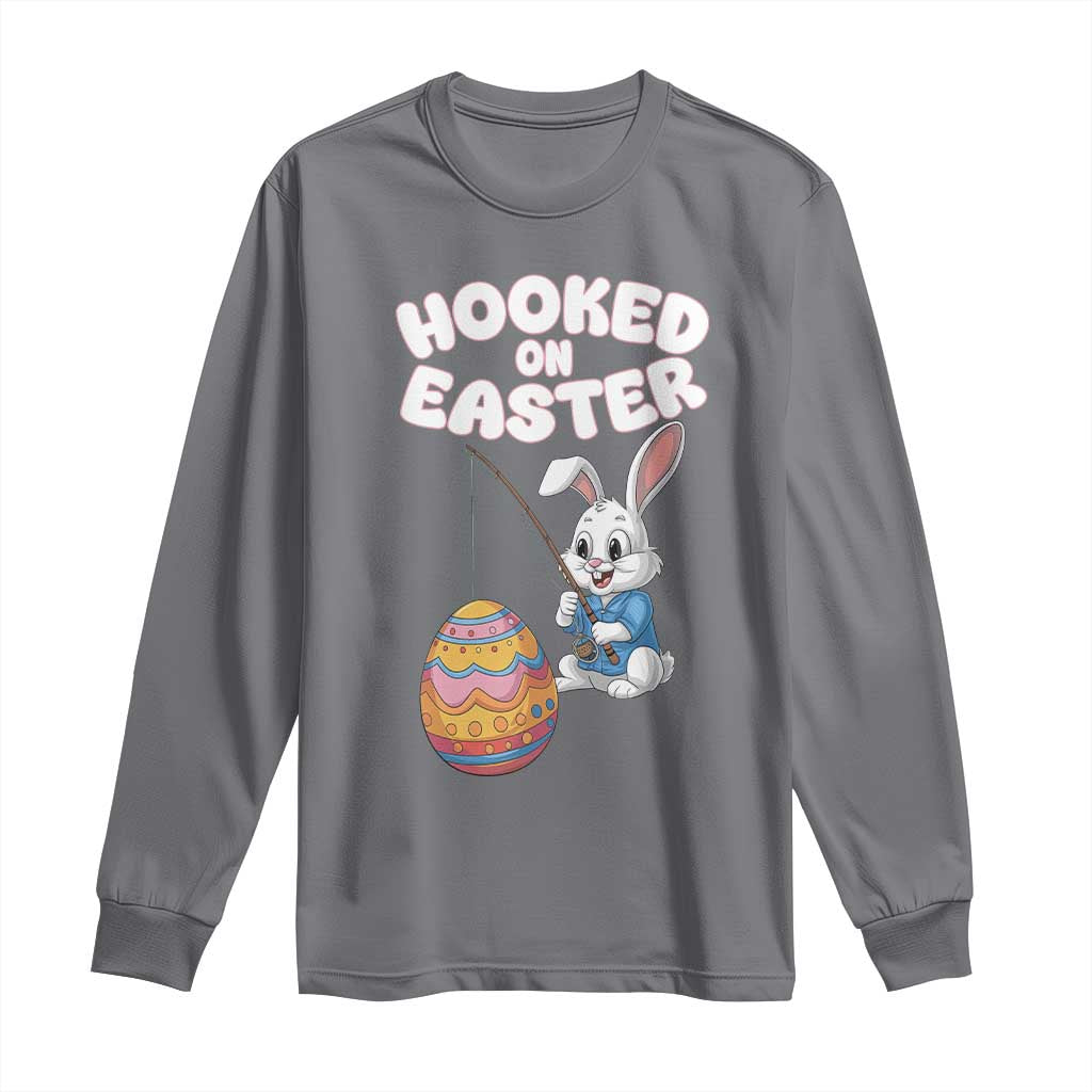 Cute Bunny Fishing Long Sleeve Shirt Hooked for Easter Eggs Funny Holiday TS02 Charcoal Print Your Wear