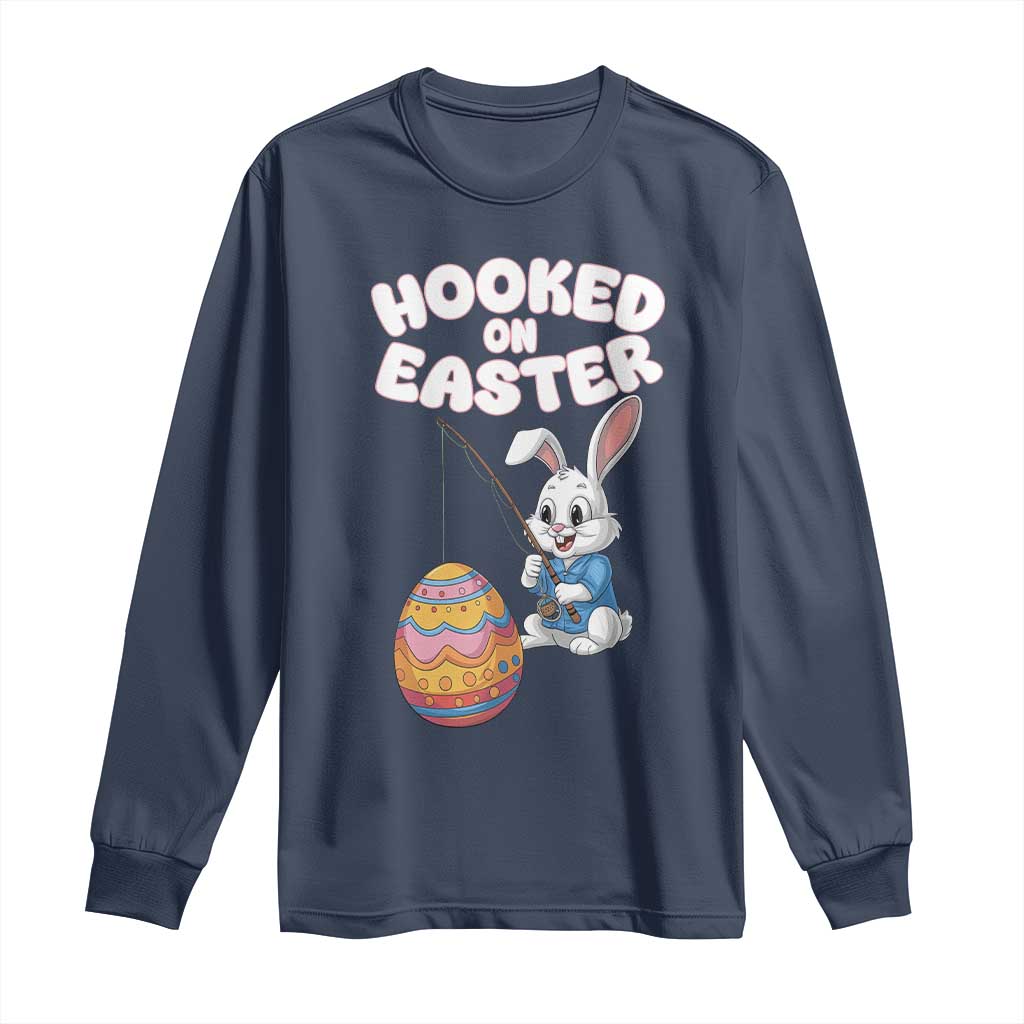 Cute Bunny Fishing Long Sleeve Shirt Hooked for Easter Eggs Funny Holiday TS02 Navy Print Your Wear