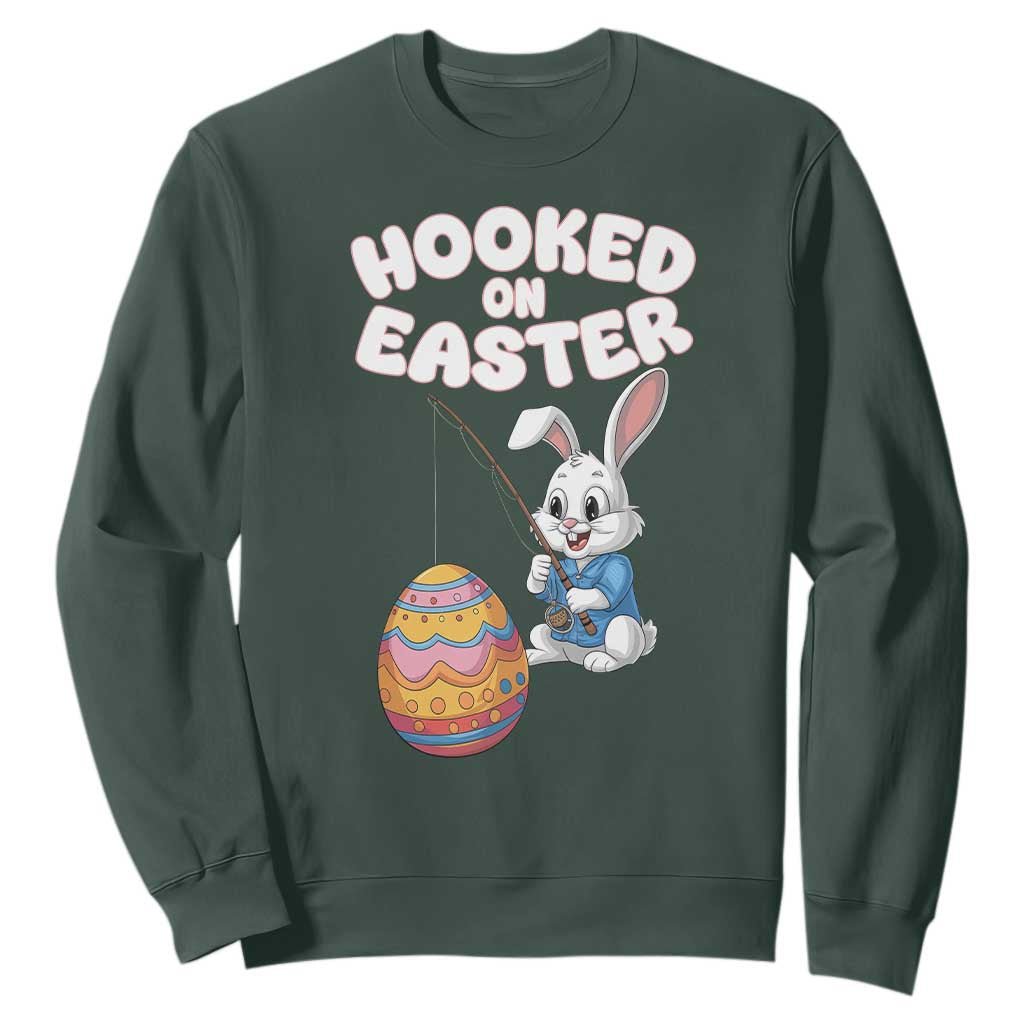 Cute Bunny Fishing Sweatshirt Hooked for Easter Eggs Funny Holiday TS02 Dark Forest Green Print Your Wear