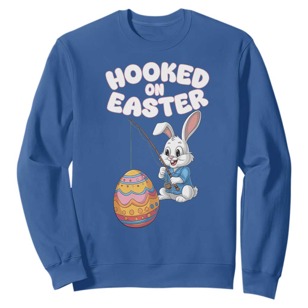 Cute Bunny Fishing Sweatshirt Hooked for Easter Eggs Funny Holiday TS02 Royal Blue Print Your Wear