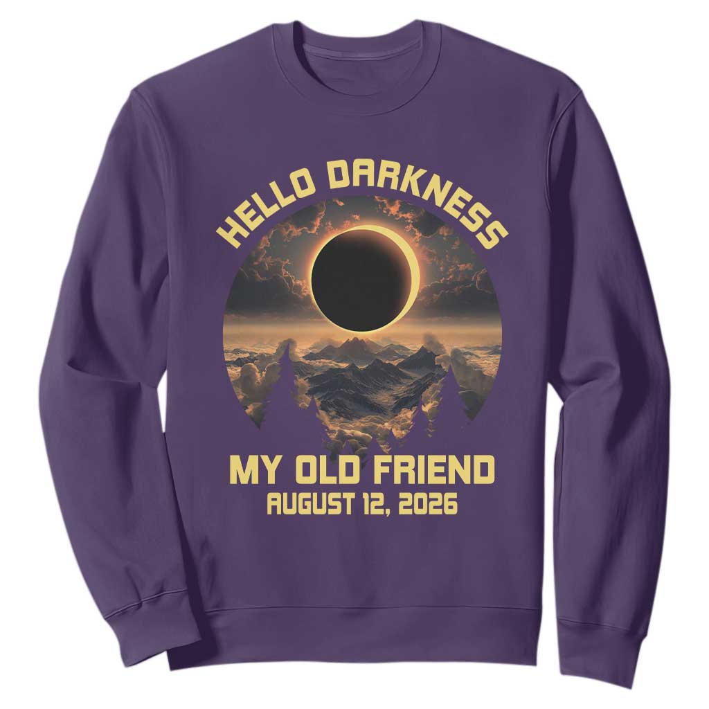Hello Darkness My Old Friend August 12 2026 Sweatshirt Total Solar Eclipse Humorous Astronomy Gift TS02 Purple Print Your Wear