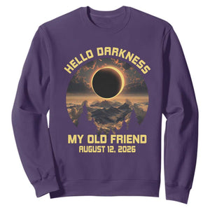 Hello Darkness My Old Friend August 12 2026 Sweatshirt Total Solar Eclipse Humorous Astronomy Gift TS02 Purple Print Your Wear