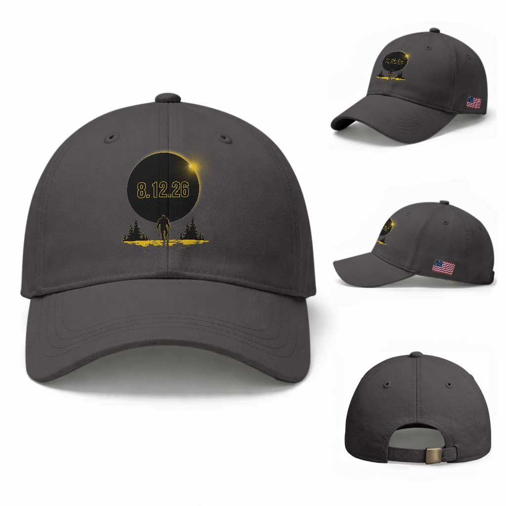 Bigfoot August 12 2026 Total Solar Eclipse Baseball Cap Totality Sasquatch Cryptid Stargazer Memorabilia TS02 Baseball Cap Universal Fit Dark Gray Print Your Wear