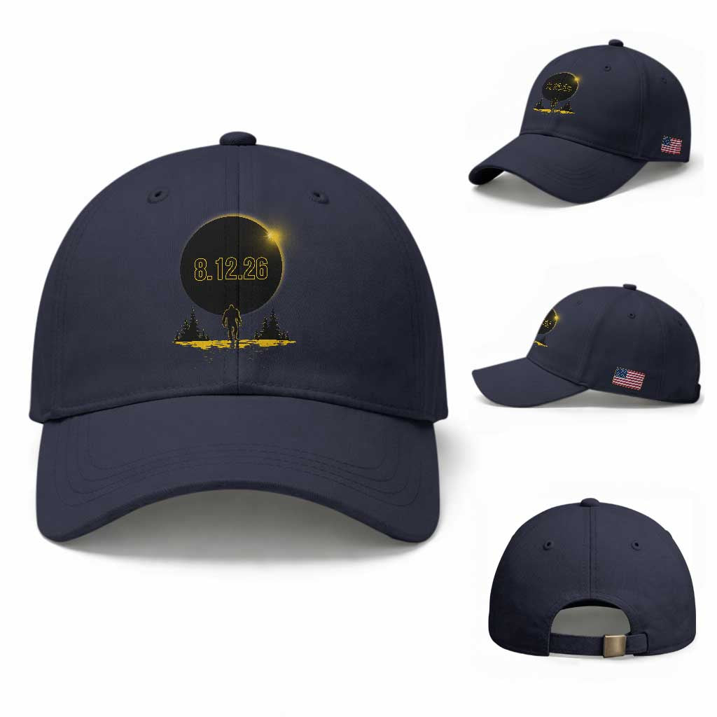 Bigfoot August 12 2026 Total Solar Eclipse Baseball Cap Totality Sasquatch Cryptid Stargazer Memorabilia TS02 Baseball Cap Universal Fit Navy Print Your Wear