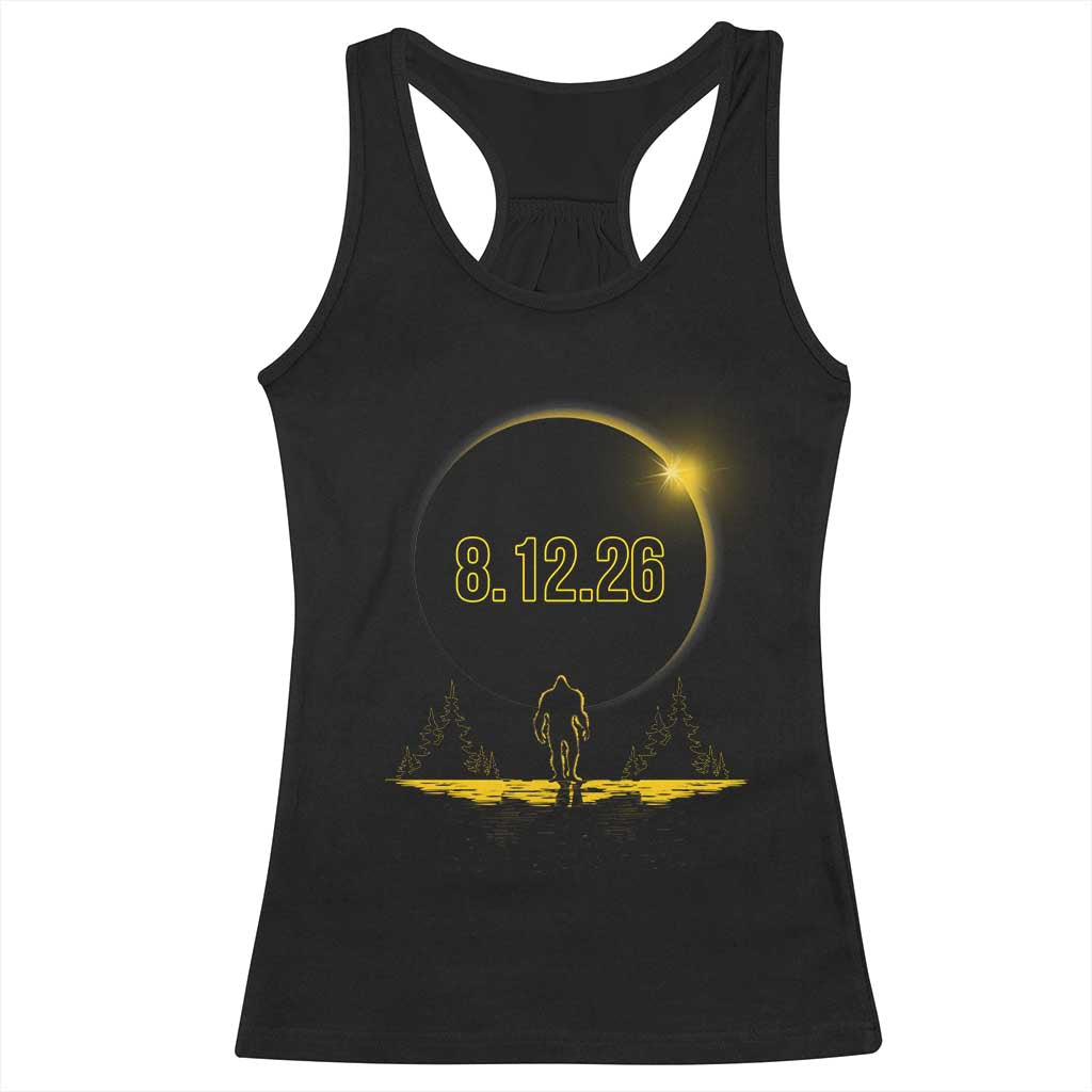 Bigfoot August 12 2026 Total Solar Eclipse Racerback Tank Top Totality Sasquatch Cryptid Stargazer Memorabilia TS02 Black Print Your Wear