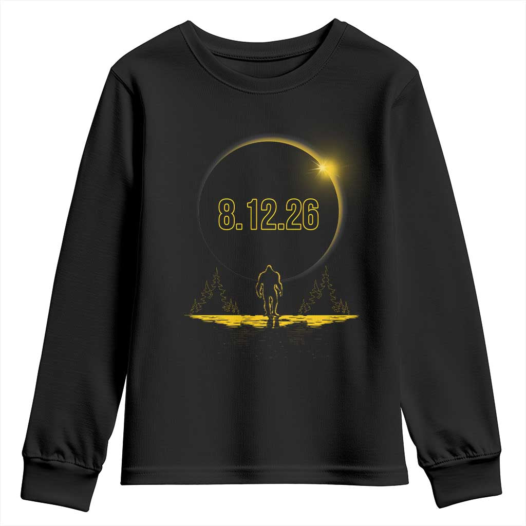Bigfoot August 12 2026 Total Solar Eclipse Youth Sweatshirt Totality Sasquatch Cryptid Stargazer Memorabilia TS02 Black Print Your Wear