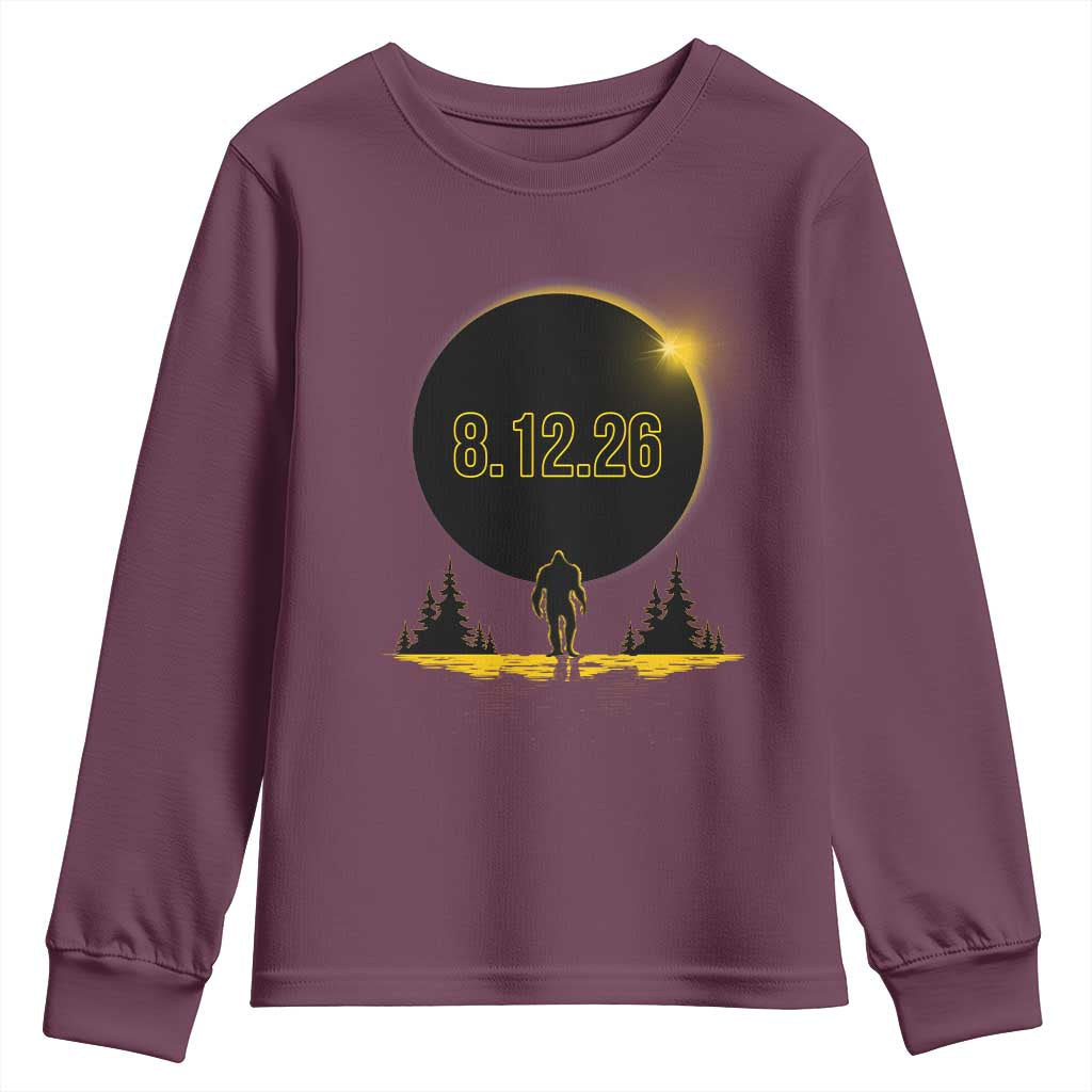 Bigfoot August 12 2026 Total Solar Eclipse Youth Sweatshirt Totality Sasquatch Cryptid Stargazer Memorabilia TS02 Maroon Print Your Wear