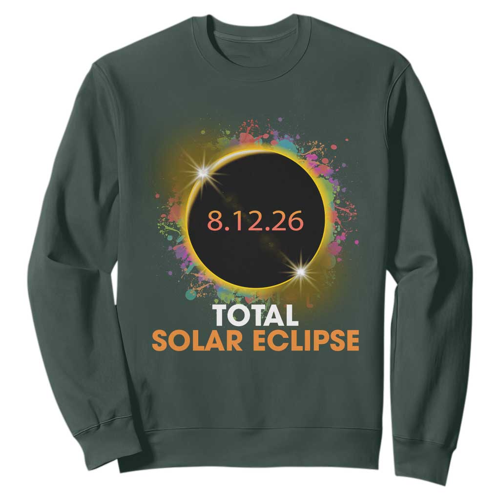 Colorful Paint Splatter 2026 Total Solar Eclipse Totality Astronomy Sweatshirt TS02 Dark Forest Green Print Your Wear