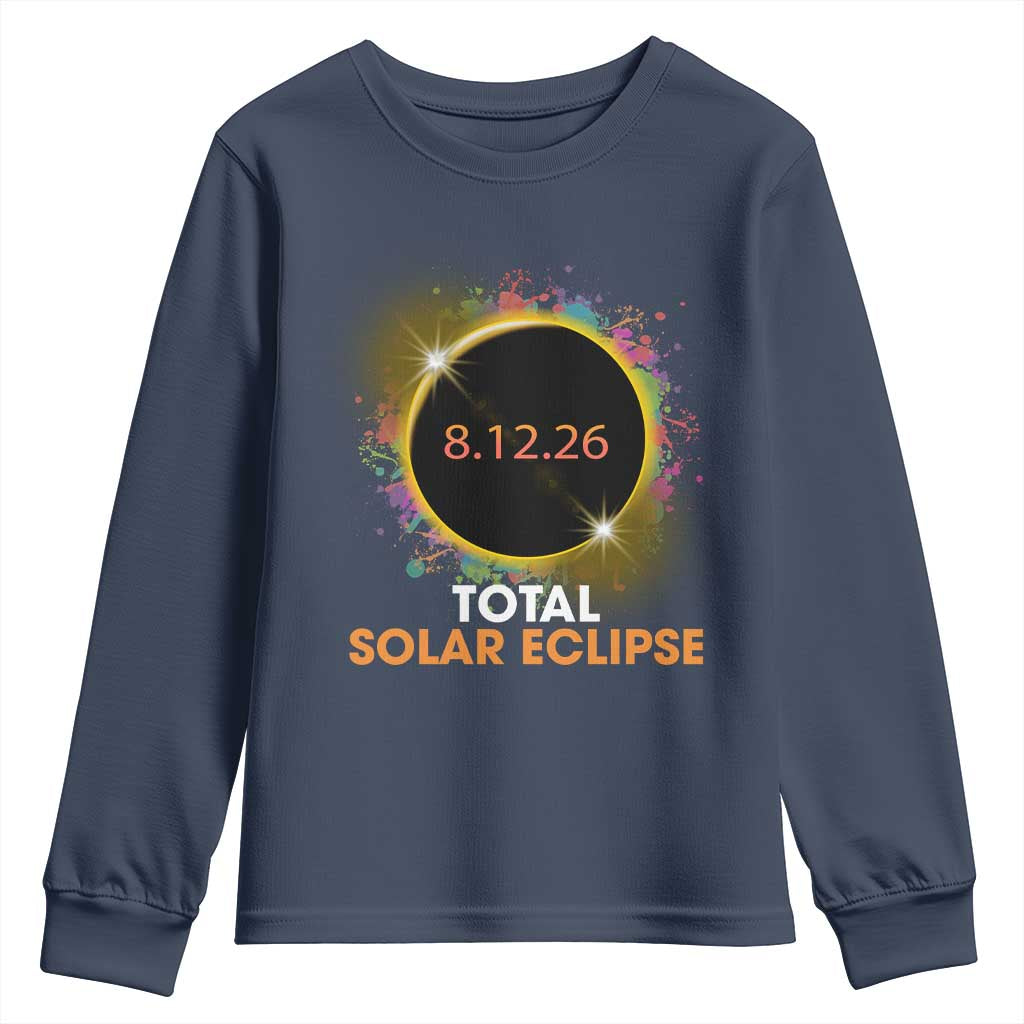 Colorful Paint Splatter 2026 Total Solar Eclipse Totality Astronomy Youth Sweatshirt TS02 Navy Print Your Wear