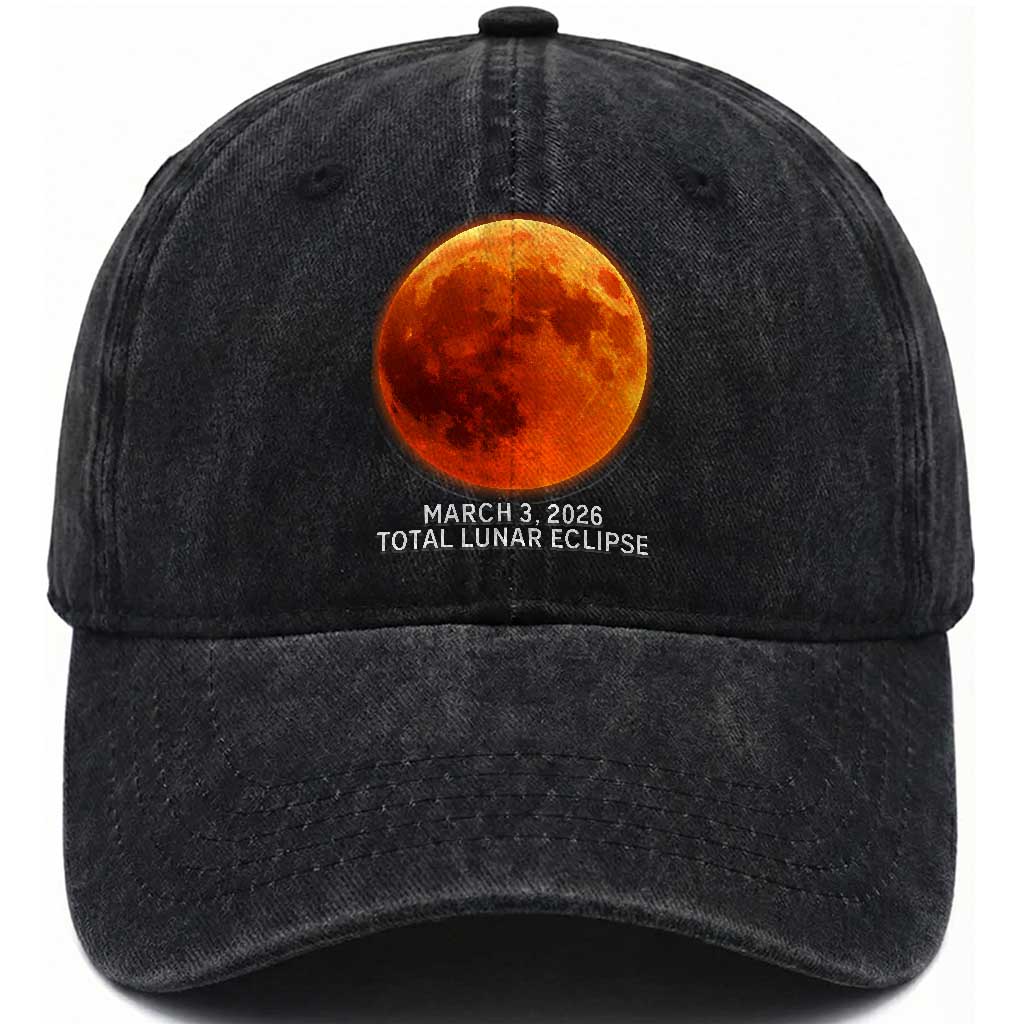 Blood Moon Total Lunar Eclipse March 3 2026 Washed Cotton Baseball Cap Blood Moon Astronomy Souvenir Graphic TS02 Print Your Wear