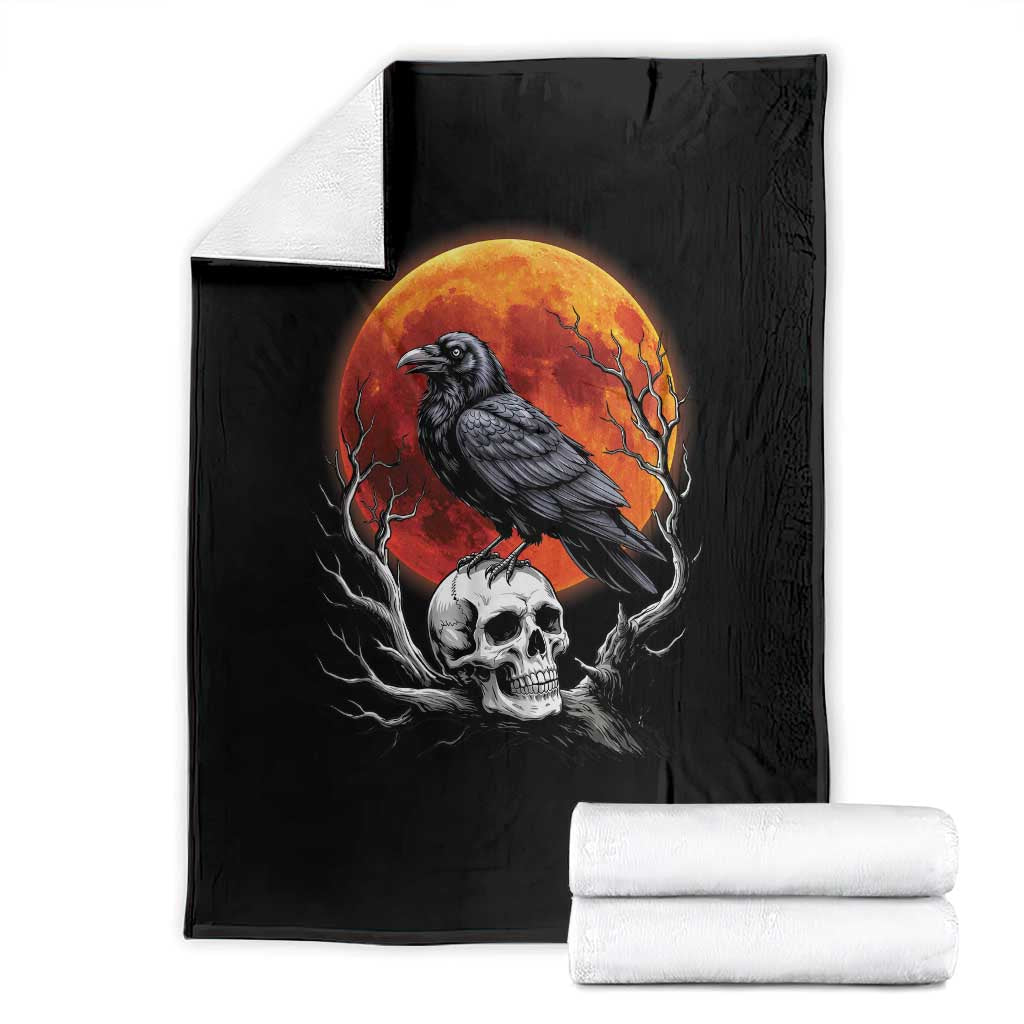 Gothic Raven on Skull Blood Moon Throw Blanket Spooky Halloween Macabre Dark Art Graphic TS02 Black Print Your Wear