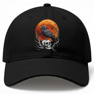 Gothic Raven on Skull Blood Moon Baseball Cap Spooky Halloween Macabre Dark Art Graphic TS02 Print Your Wear