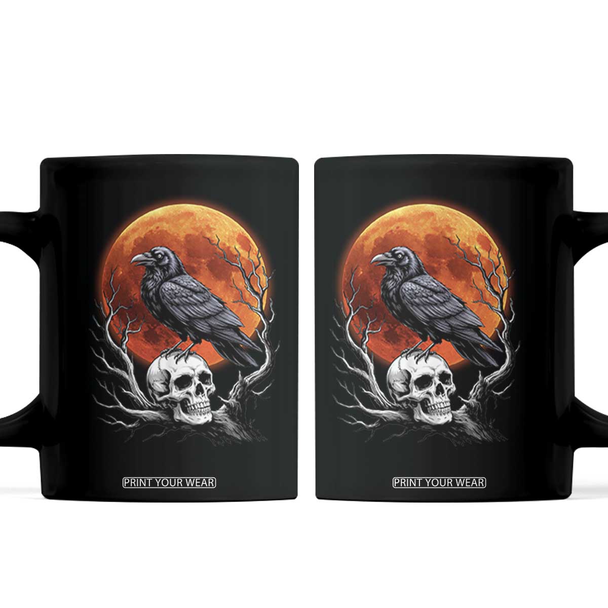 Gothic Raven on Skull Blood Moon Coffee Mug Spooky Halloween Macabre Dark Art Graphic TS02 Black Print Your Wear