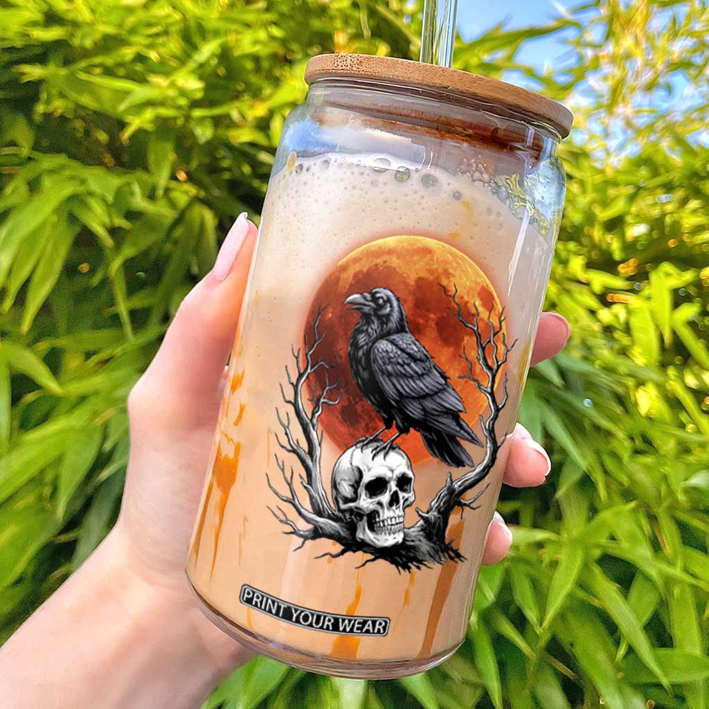 Gothic Raven on Skull Blood Moon Glass Can Spooky Halloween Macabre Dark Art Graphic TS02 Black Print Your Wear