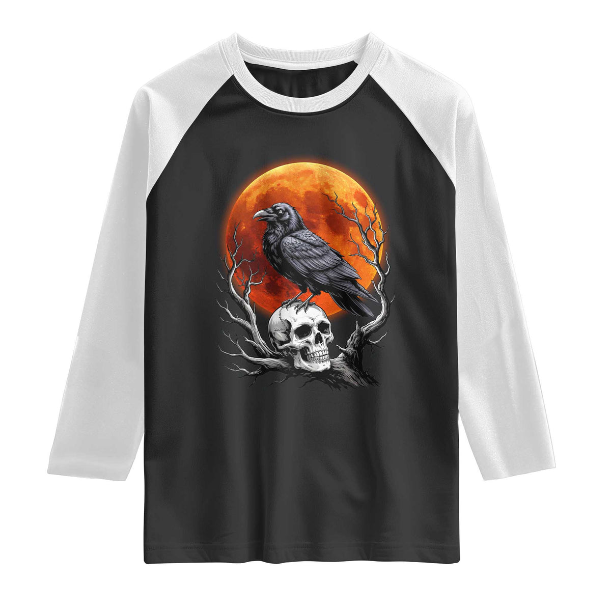 Gothic Raven on Skull Blood Moon Raglan Shirt Spooky Halloween Macabre Dark Art Graphic TS02 Black White Print Your Wear