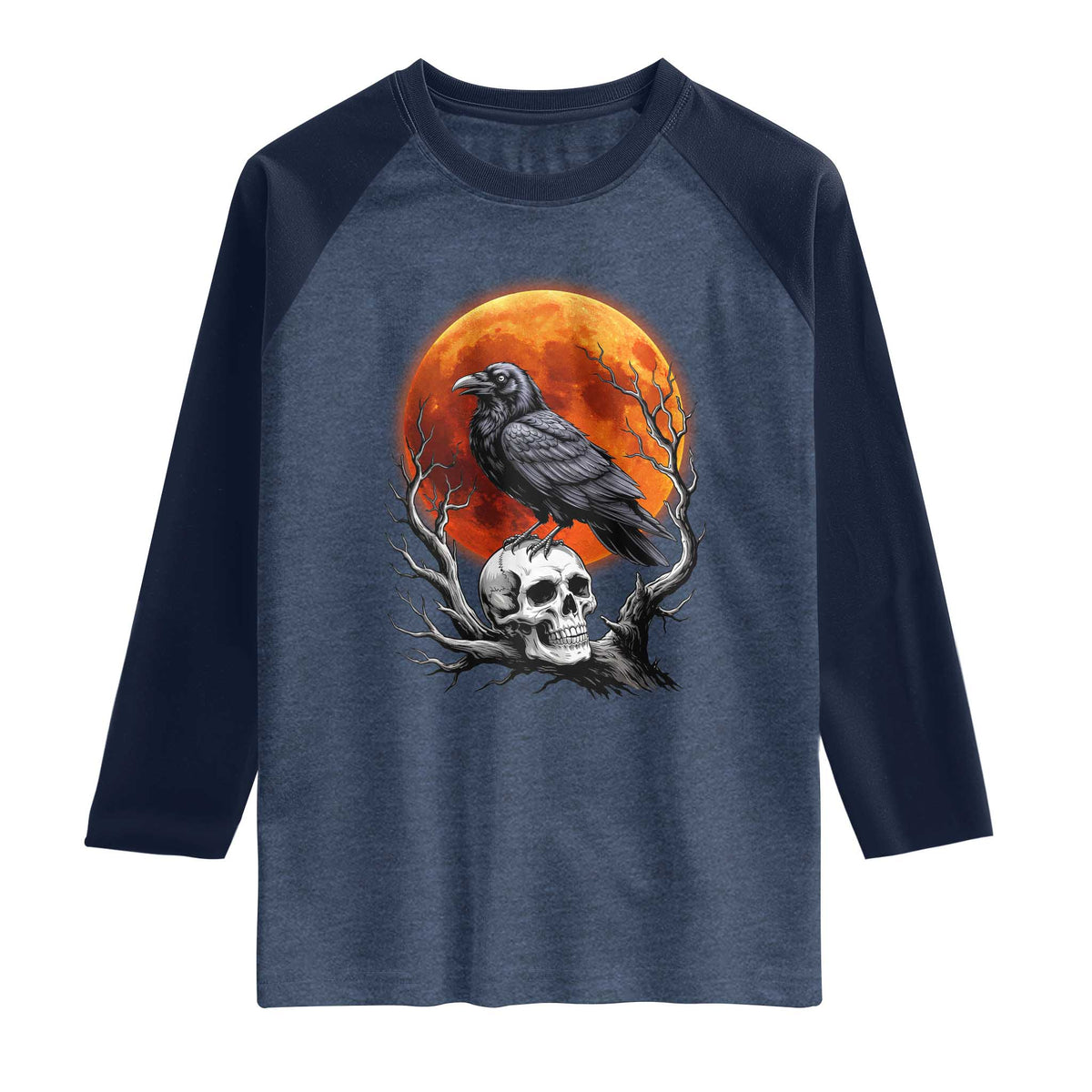 Gothic Raven on Skull Blood Moon Raglan Shirt Spooky Halloween Macabre Dark Art Graphic TS02 Heather Denim Navy Print Your Wear