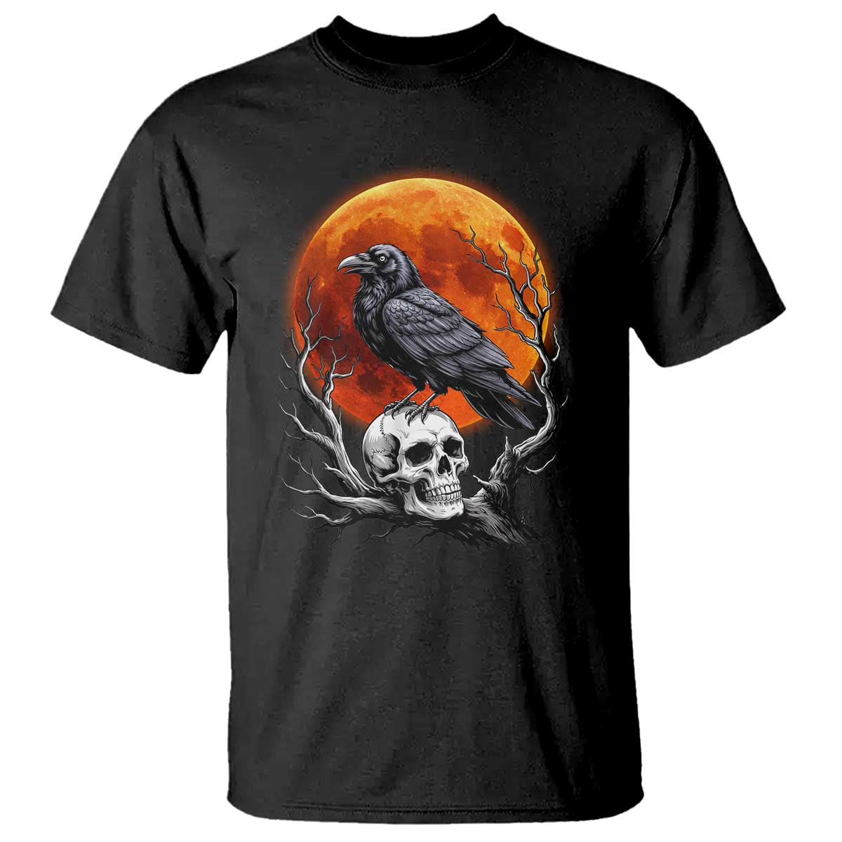Gothic Raven on Skull Blood Moon T Shirt Spooky Halloween Macabre Dark Art Graphic TS02 Black Print Your Wear