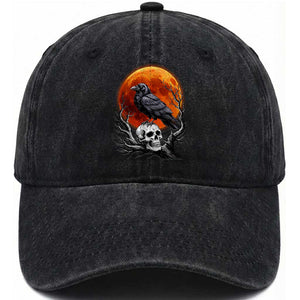 Gothic Raven on Skull Blood Moon Washed Cotton Baseball Cap Spooky Halloween Macabre Dark Art Graphic TS02 Print Your Wear