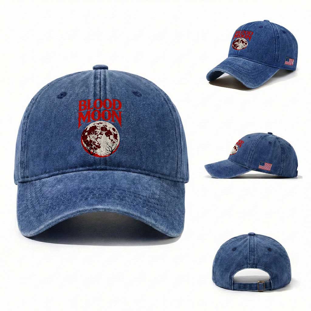 Retro Blood Moon Graphic Washed Cotton Baseball Cap Mystic Celestial Gothic Astronomy Art TS02 Washed Cap Universal Fit Royal Blue Print Your Wear